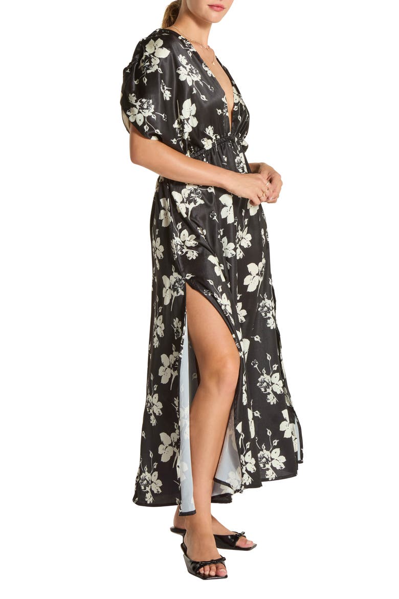 Puff Sleeve Drop Waist Side Slit Maxi Dress, Alternate, color, BLACK/ CREAM