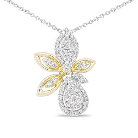 14K White and Yellow Gold 5/8 Cttw Diamond Marquise Floral Style Pendant Necklace
