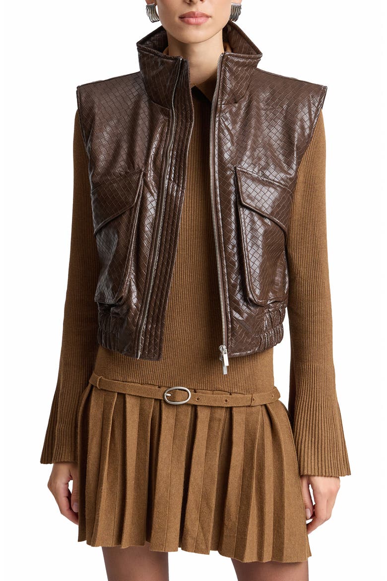 Basket Weave Faux Leather Cropped Puffer Vest, Alternate, color, JAVA