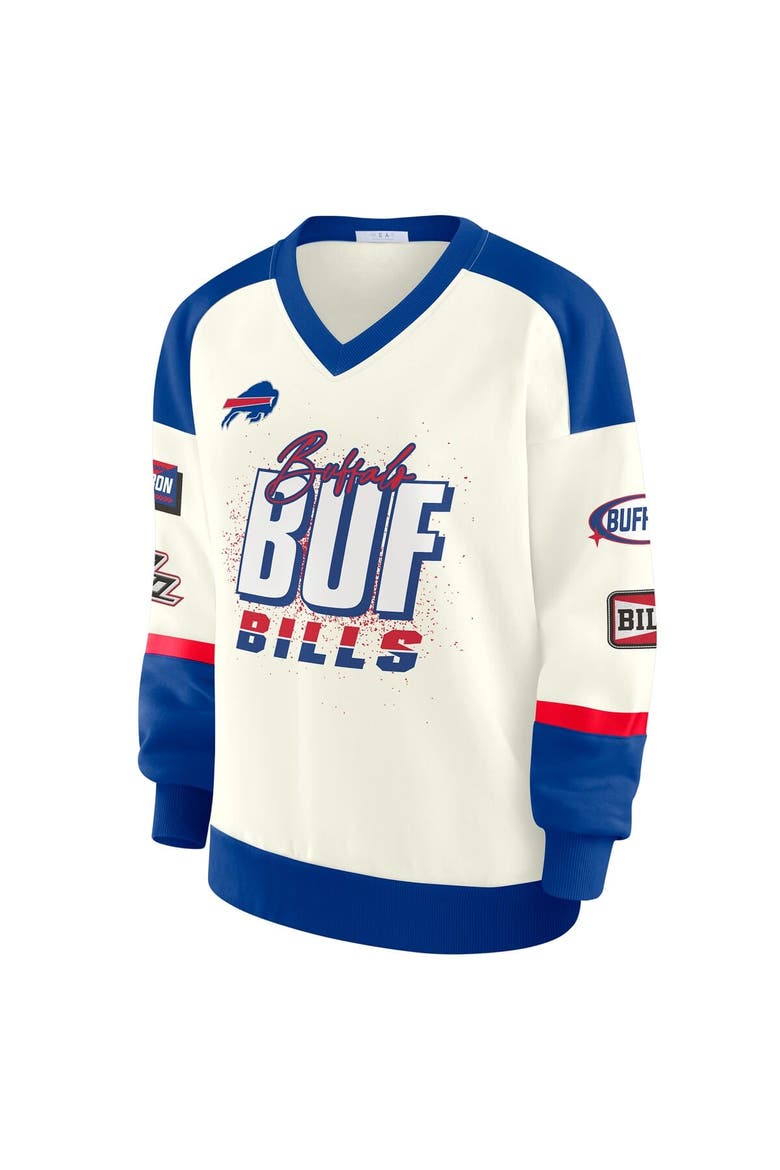 Women's WEAR by Erin Andrews  Cream Buffalo Bills Racing Crew V-Neck Sweatshirt, Alternate, color, Cream