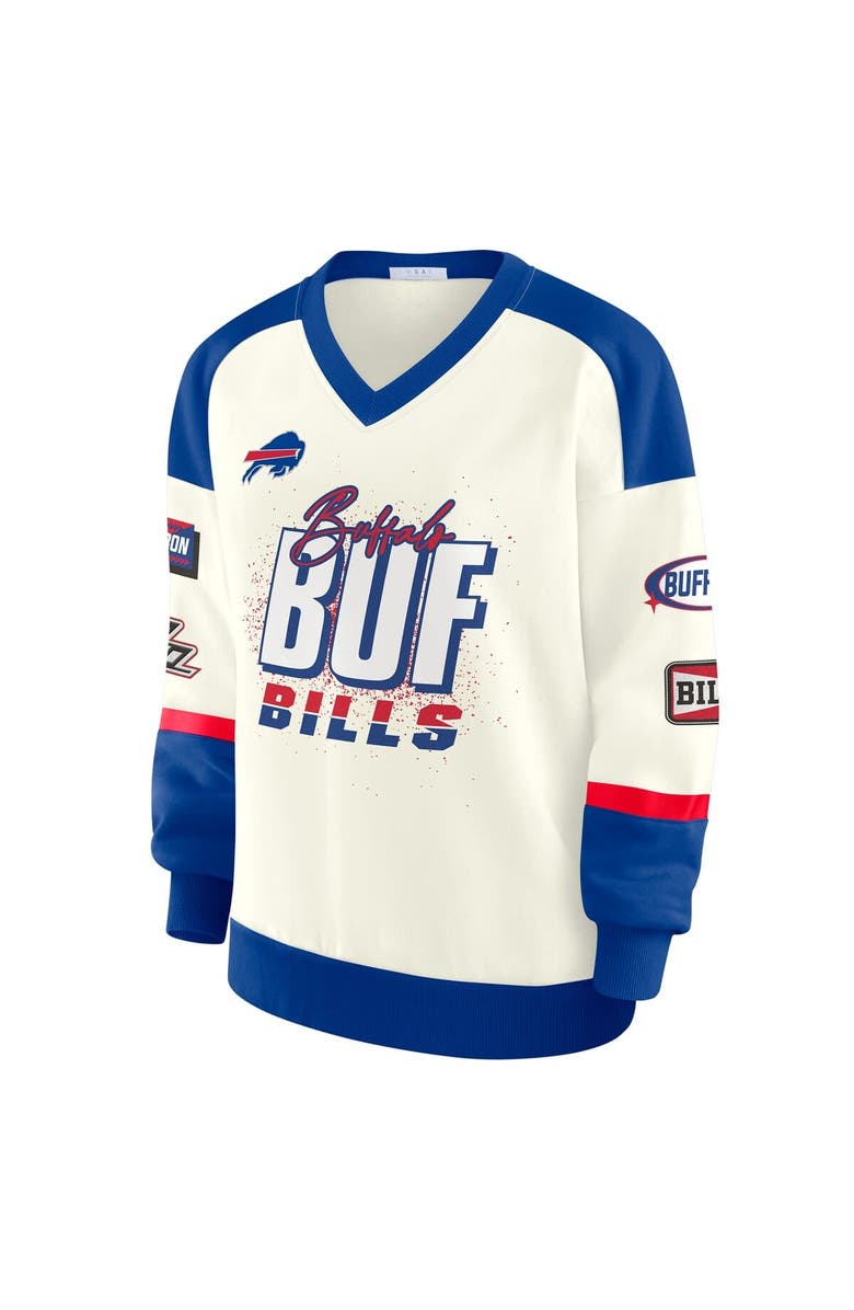 WEAR by Erin Andrews Women's WEAR by Erin Andrews  Cream Buffalo Bills Racing Crew V-Neck Sweatshirt, Alternate, color, Cream