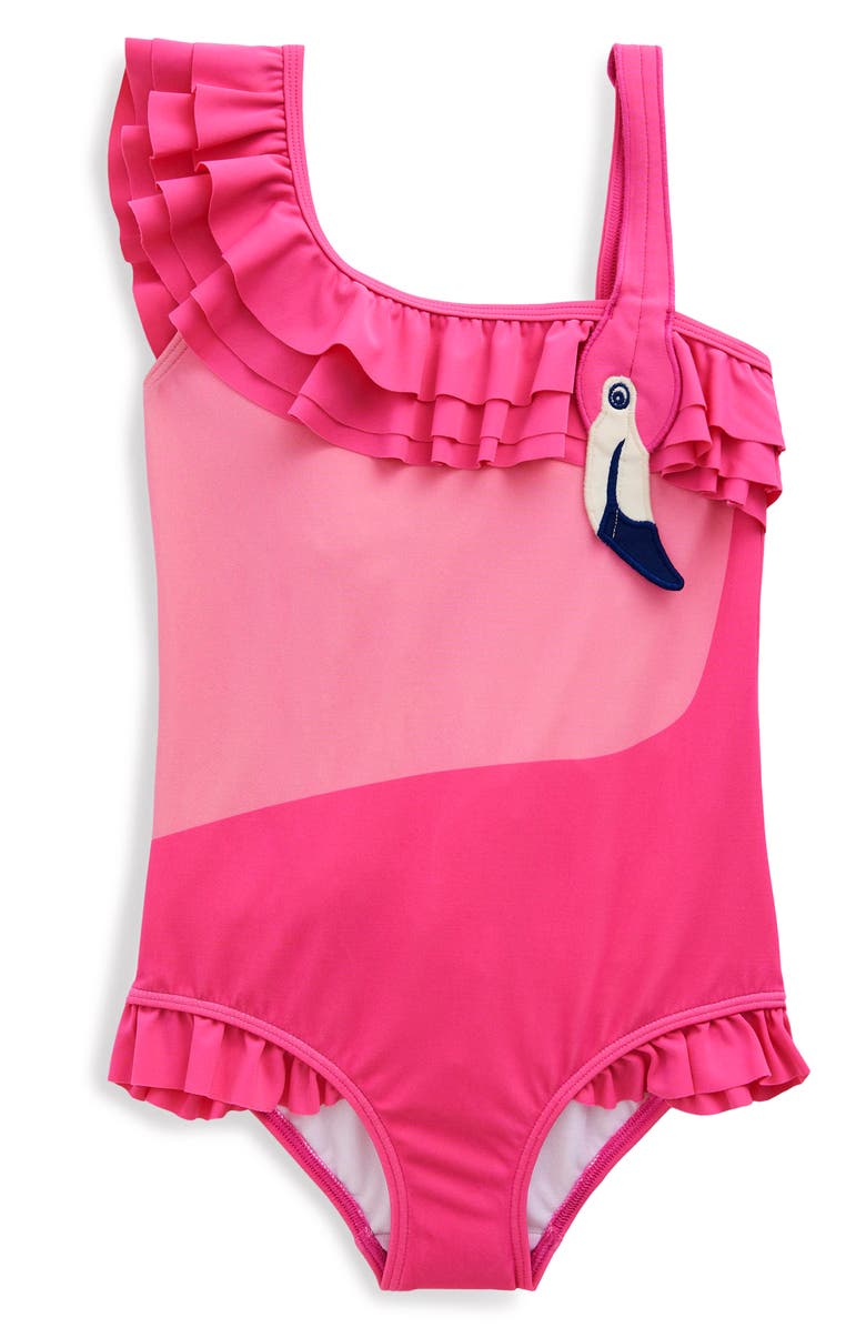Mini Boden Kids' Appliqué One-Shoulder Swimsuit, Main, color, Sorbet Pink Flamingo