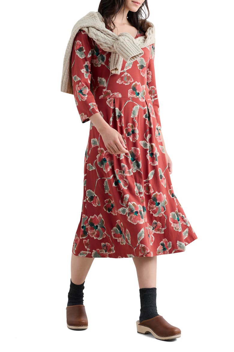 Pier View Floral Fit & Flare Midi Dress, Main, color, ARTIST CAMELLIA RED SAIL