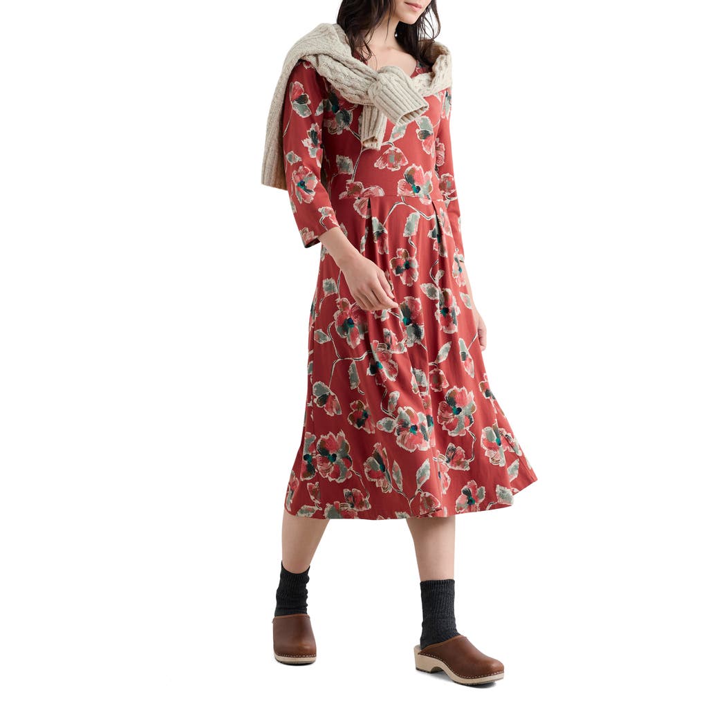 Seasalt Cornwall Floral Pleated Stretch Organic Cotton Jersey Dress In Red