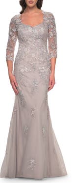 La Femme Mermaid Tulle and Lace Dress with Illusion Sleeves