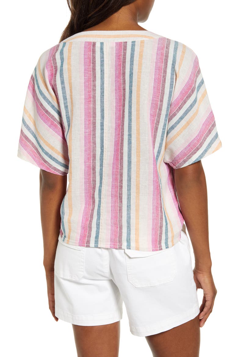 Kelli Stripe Tie Front Linen & Cotton Blouse, Alternate, color, PINK ALE