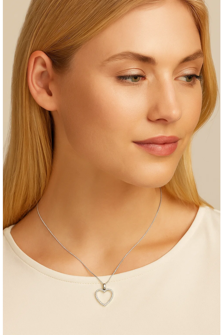 Crystal Heart Necklace White Gold with Cubic Zirconia Stones, Alternate, color, Silver
