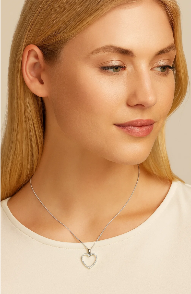 Hollywood Sensation Crystal Heart Necklace White Gold with Cubic Zirconia Stones, Alternate, color, Silver