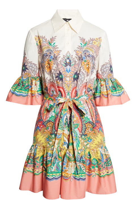 Paisley Print Belted Stretch Cotton Shirtdress