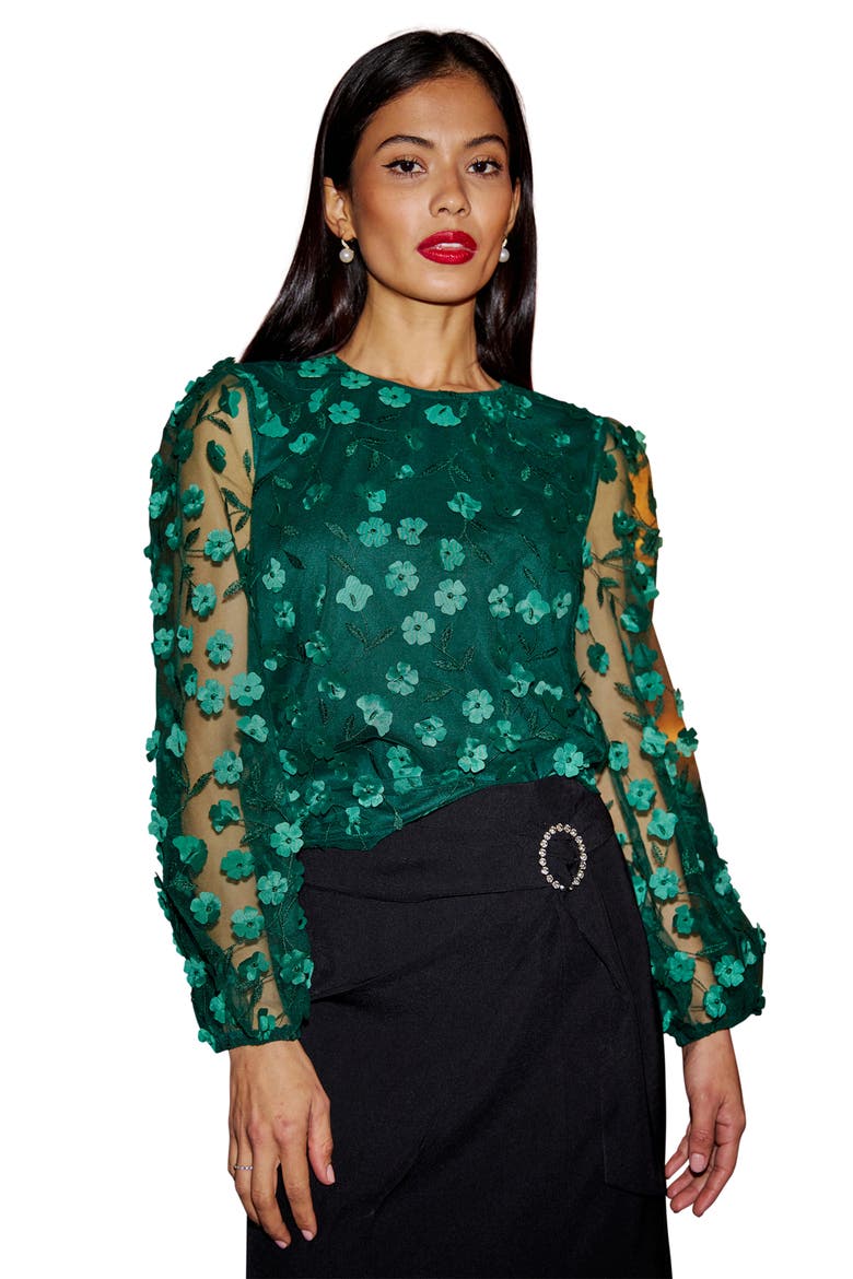 Long Sleeve Sheer Floral Top, Main, color, Green