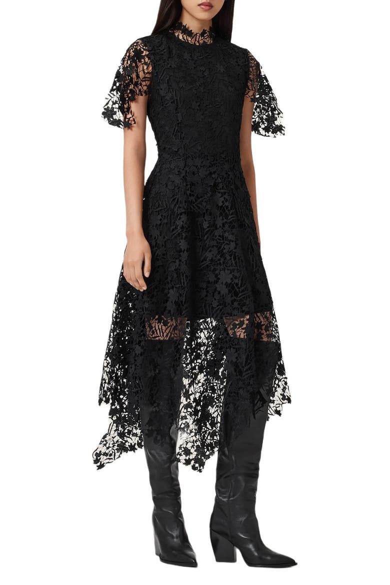 Saege Lace Midi Dress, Main, color, BLACK