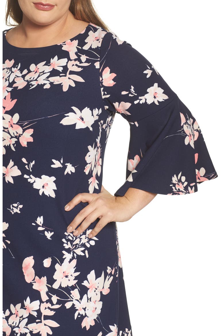 Floral Print Bell Sleeve Shift Dress, Alternate, color, NAVY/ PINK