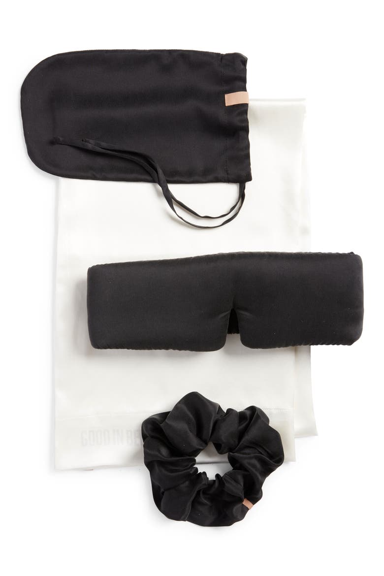 Sleep The Details Mulberry Silk Sleep Mask, Pillowcase & Scrunchie Set, Main, color, IMMERSED BLACK/ TRANQUIL WHITE