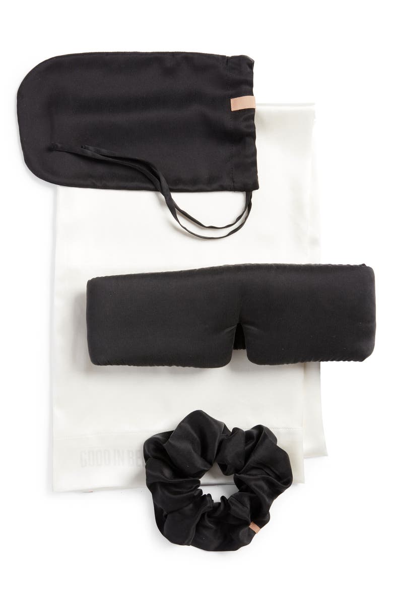 Lunya Sleep The Details Mulberry Silk Sleep Mask, Pillowcase & Scrunchie Set, Main, color, Immersed Black/ Tranquil White