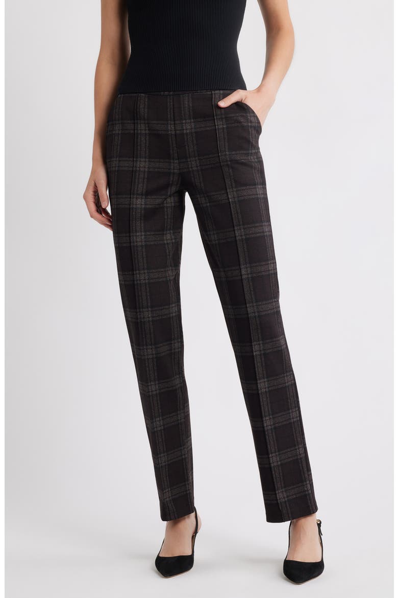 Plaid High Rise Pull-On Pants, Main, color, BROWN