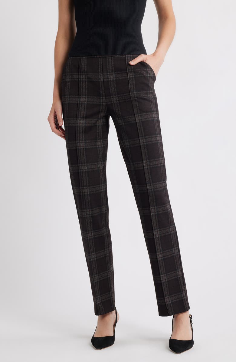 Hue Plaid High Rise Pull-On Pants, Main, color, Brown