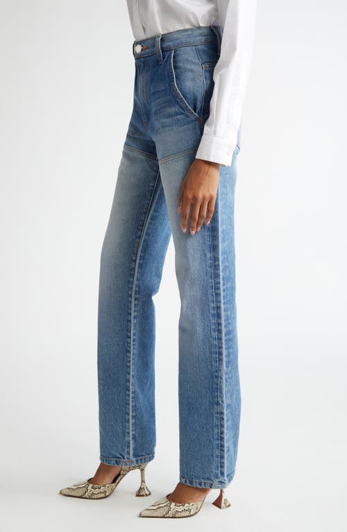 Brandon Maxwell The Wyatt Two Tone High Waist Straight Leg Jeans In Light Wash/medium Blue