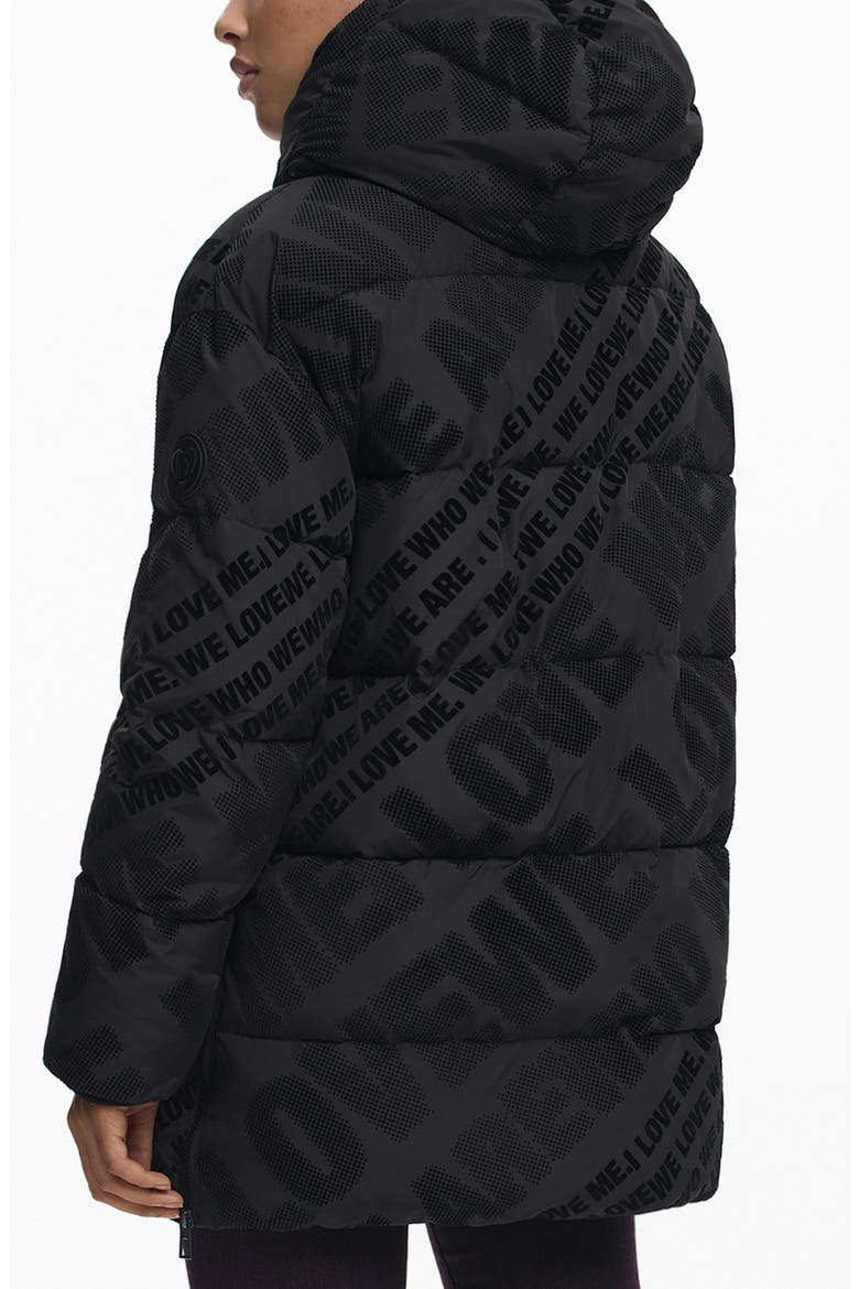 Flocked Print Quilted Puffer Jacket with Removable Hood, Alternate, color, BLACK