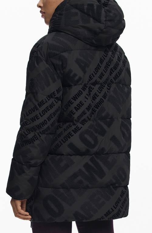 Desigual Flocked Print Quilted Puffer Jacket With Removable Hood In Black