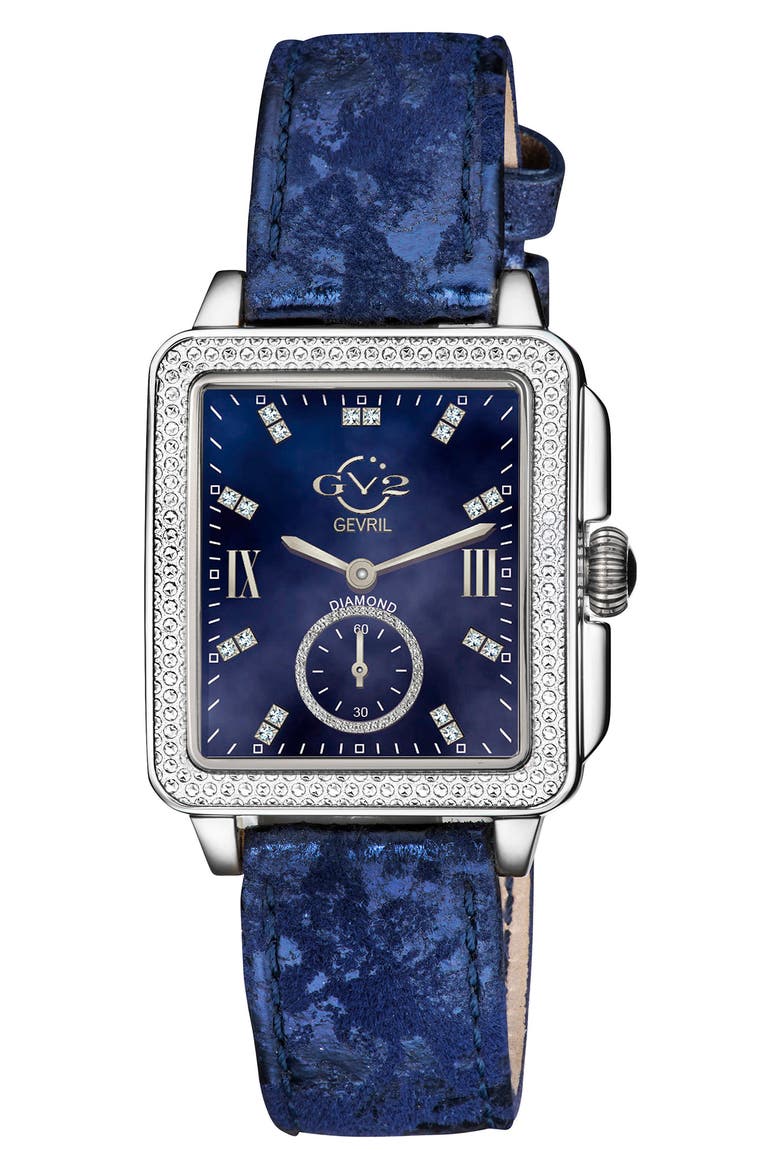 Gevril Bari Diamond Dial Leather Strap Watch, 37mm, .09 ctw, Main, color, BLUE