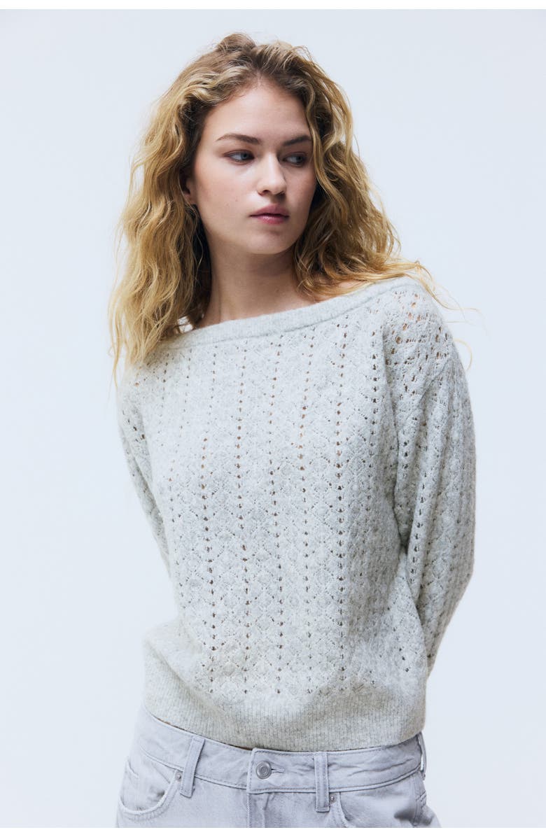 H&M Pointelle-knit off-the-shoulder sweater, Alternate, color, Light Gray