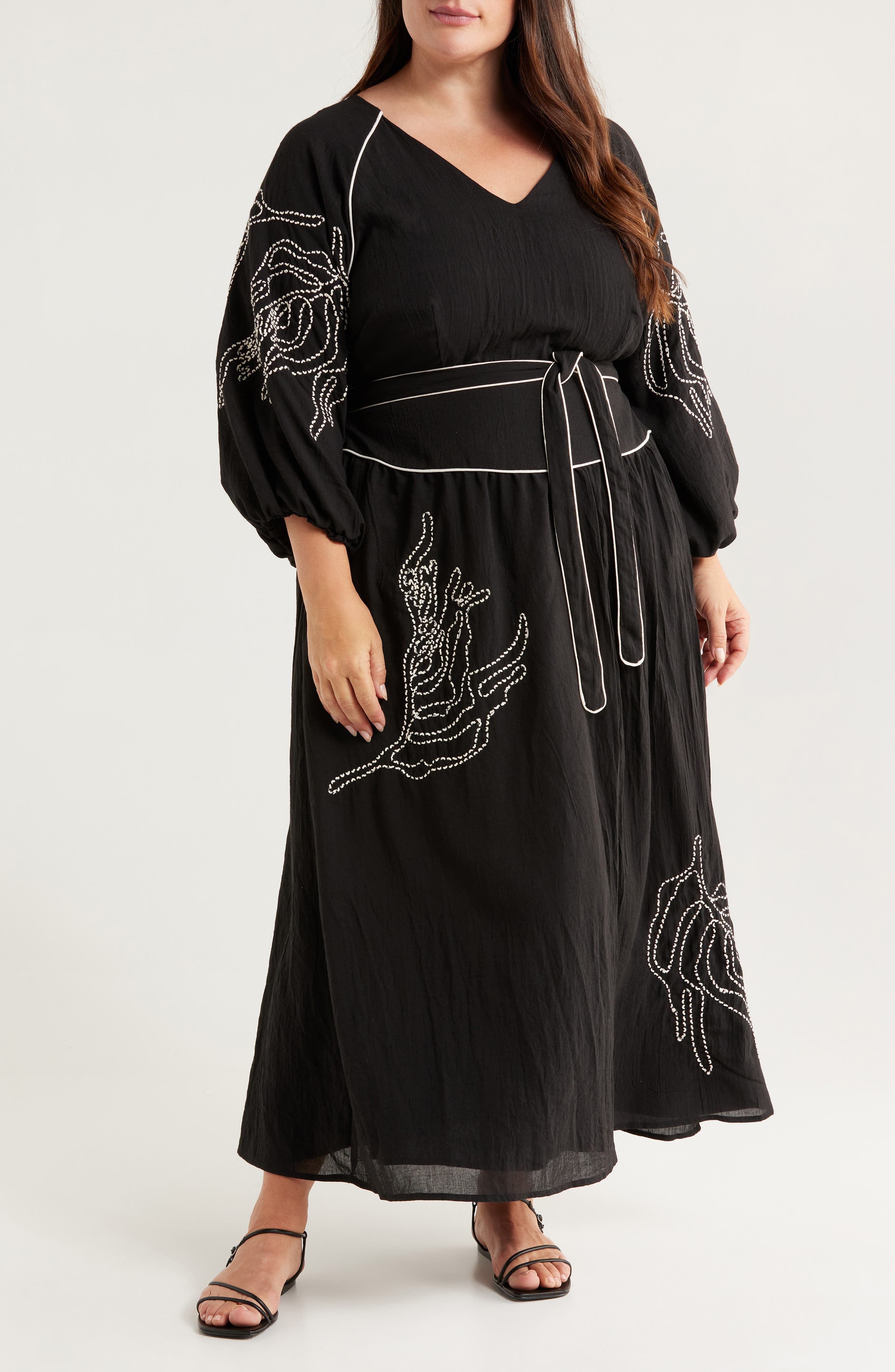 CIEBON Faye Embroidered Tie Waist Long Sleeve Maxi Dress