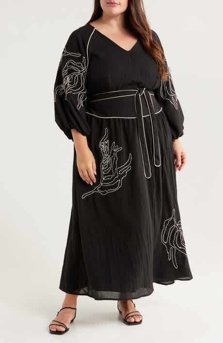 CIEBON Faye Embroidered Tie Waist Long Sleeve Maxi Dress