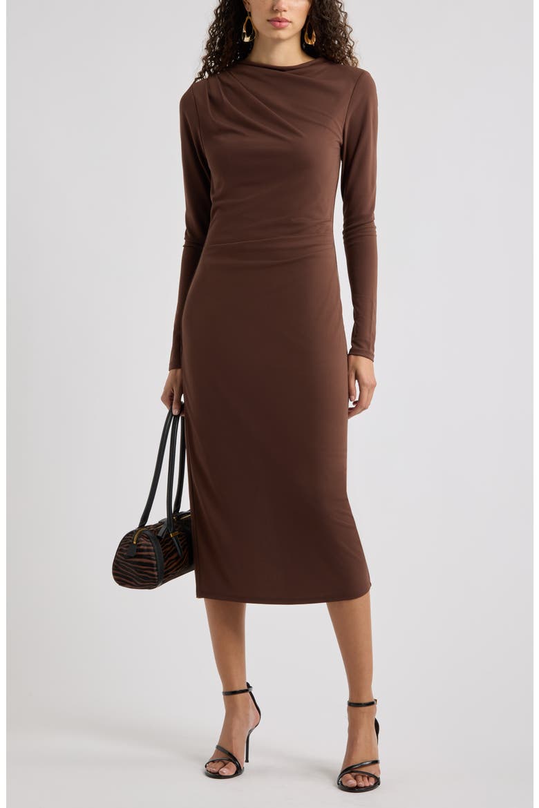 Pleated Long Sleeve Knit Midi Dress, Alternate, color, BROWN BITTER
