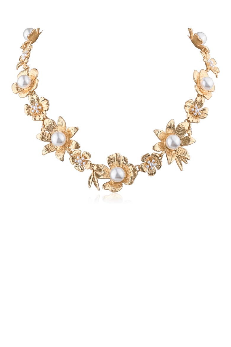 Floral Imitation Pearl Statement Necklace, Main, color, WHITE/GOLD