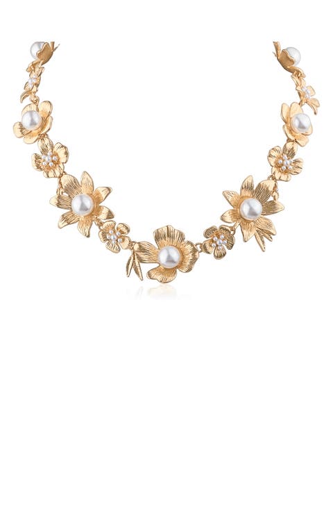 Floral Imitation Pearl Statement Necklace