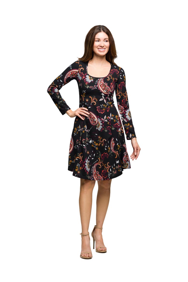 Paisley Print Long Sleeve Fit and Flare Dress, Main, color, Black Multi