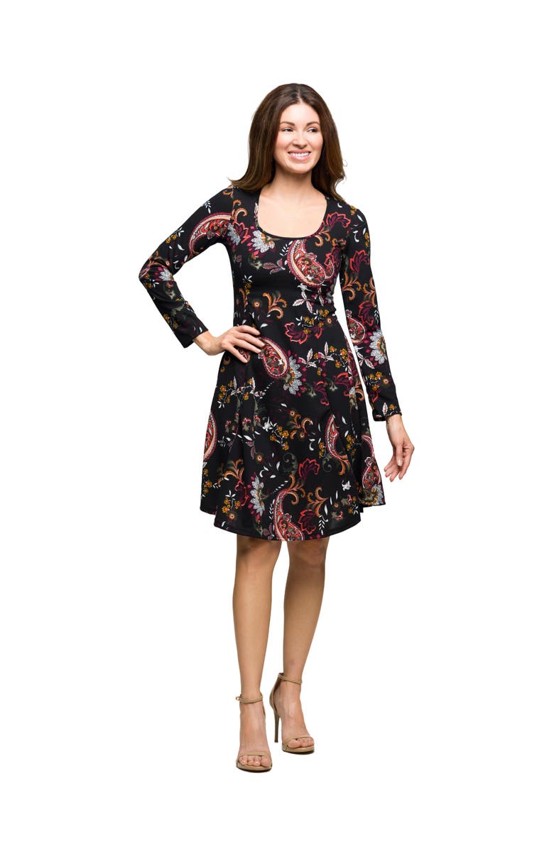 24seven Comfort Apparel Paisley Print Long Sleeve Fit and Flare Dress, Main, color, Black Multi