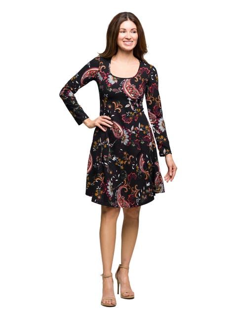 Paisley Print Long Sleeve Fit and Flare Dress