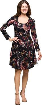 24seven Comfort Apparel Paisley Print Long Sleeve Fit and Flare Dress