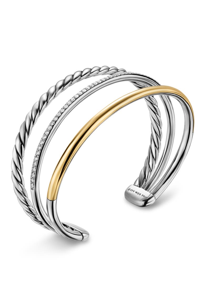 DY Mercer® Three Row Cuff Bracelet in Sterling Silver with 18K Yellow Gold & Diamonds, 10mm, Alternate, color, SILVER/ GOLD/ DIAMOND