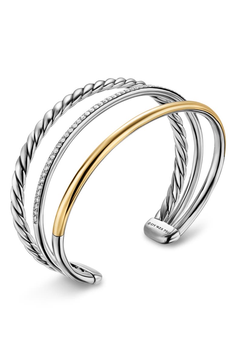 David Yurman DY Mercer<sup>®</sup> Three Row Cuff Bracelet in Sterling Silver with 18K Yellow Gold & Diamonds, 10mm, Alternate, color, Silver/ Gold/ Diamond