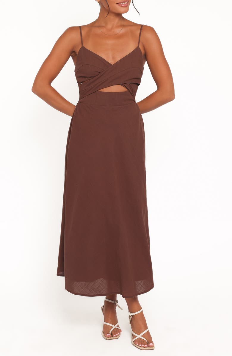 Petal & Pup Elvina Cutout Midi Dress, Main, color, Brown