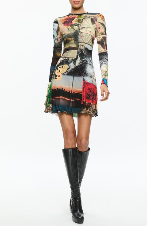 Delora Photo Print Long Sleeve Mesh Minidress