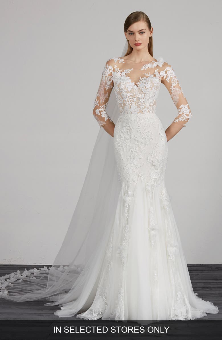 Pronovias Maden Lace Appliqué Mermaid Wedding Dress, Main, color, 
