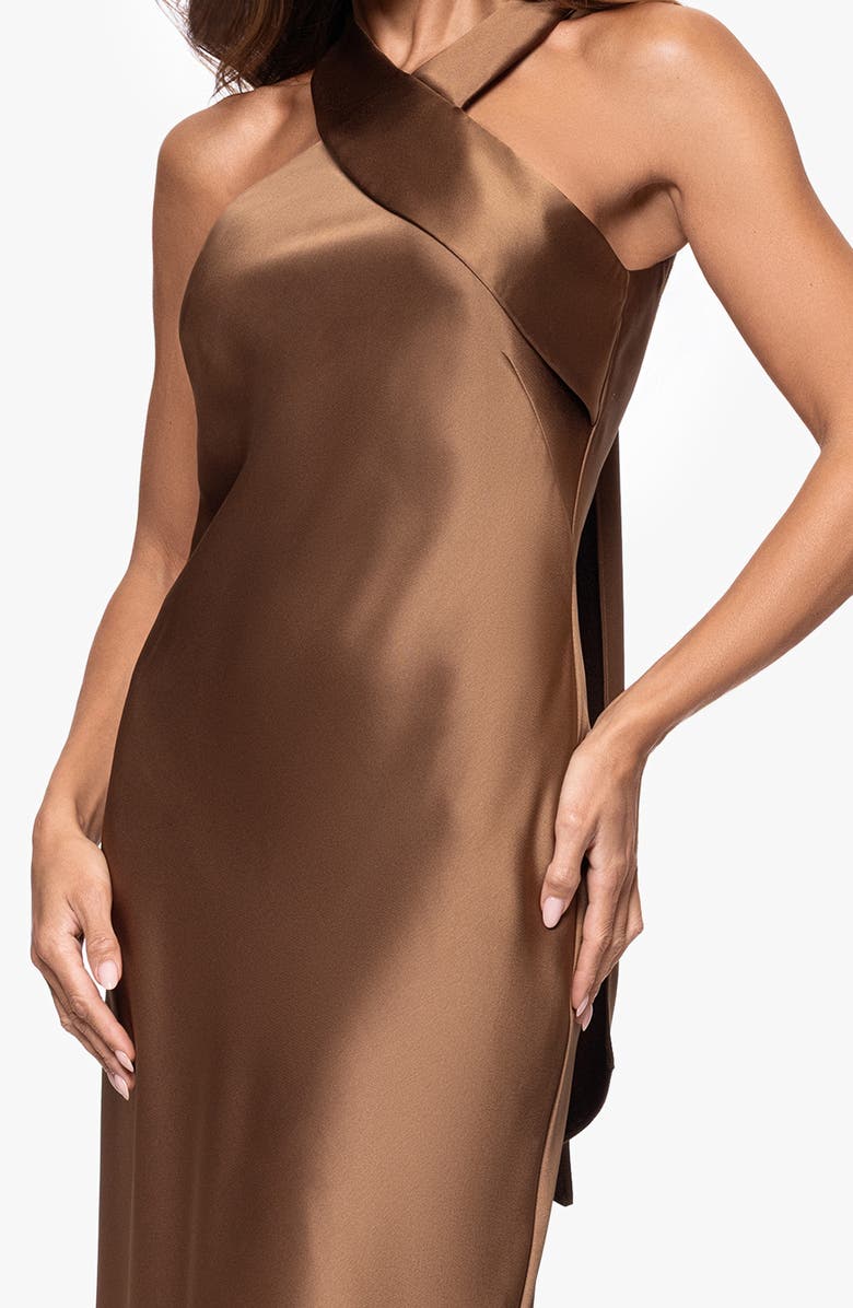 Xscape Evenings Halter Neck Satin Trumpet Gown, Alternate, color, Bronze