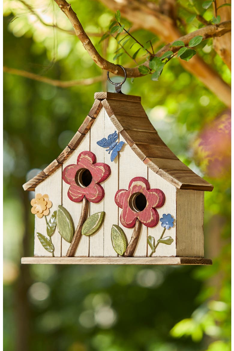 Distressed Solid Wood Birdhouse with 3D Flowers, Alternate, color, White