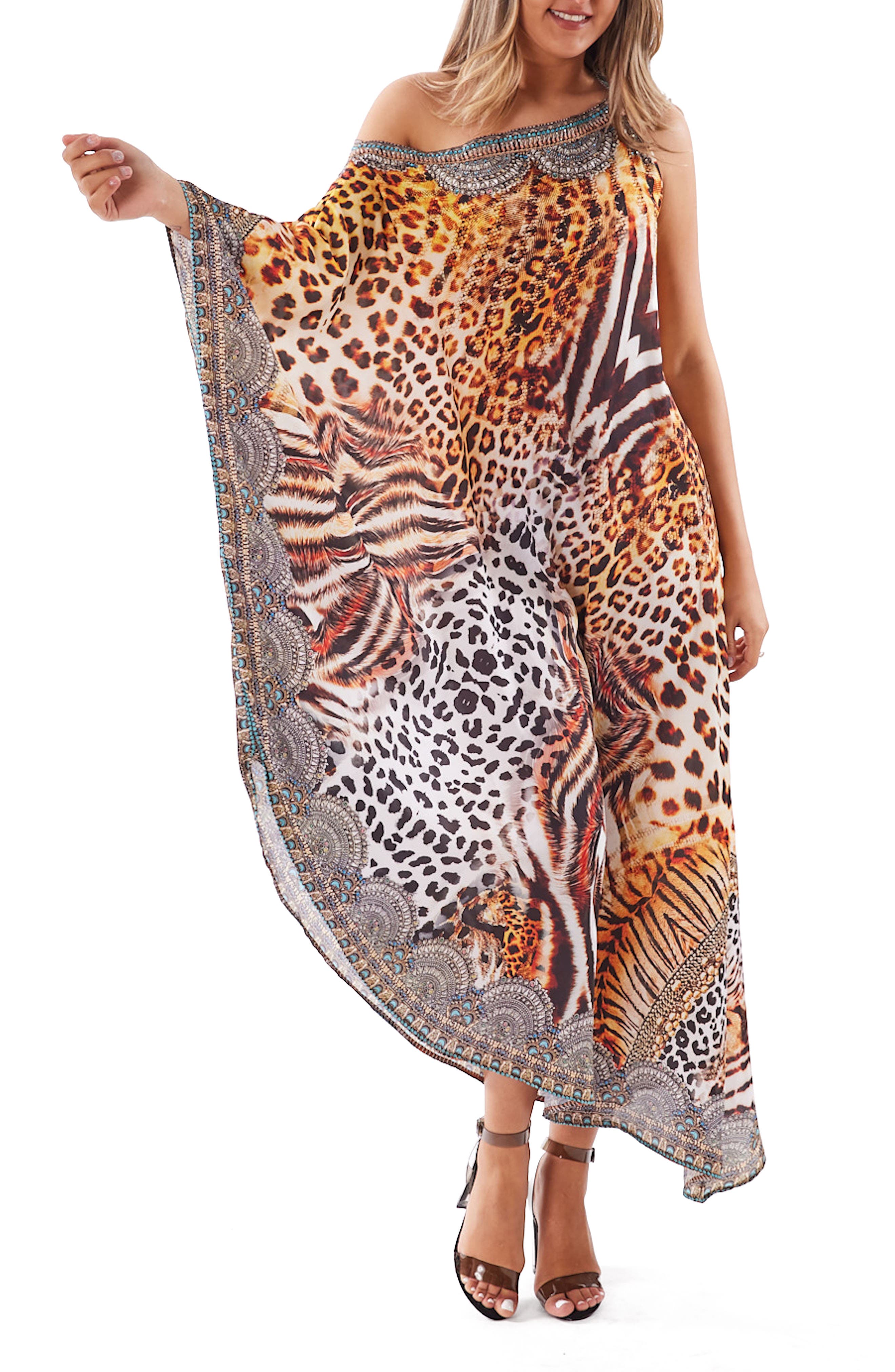 RANEES Crystal Embellished Animal Print One-Shoulder Dress