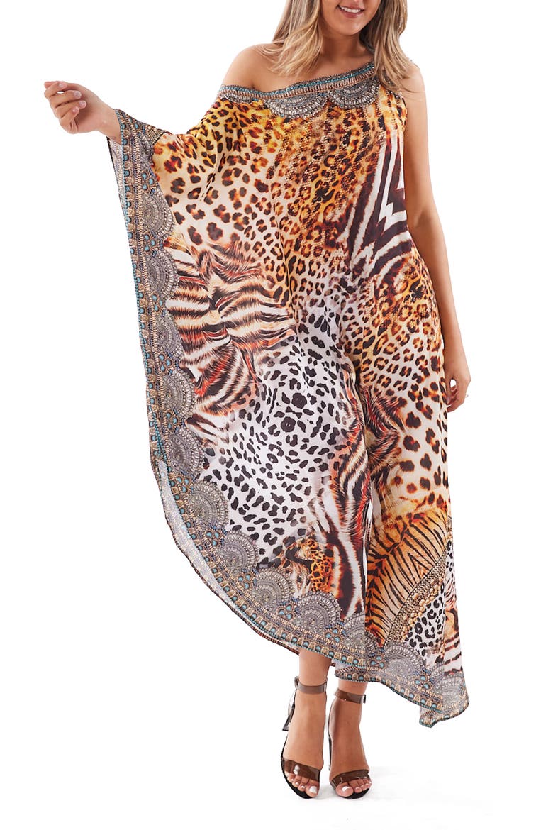 Crystal Embellished Animal Print One-Shoulder Dress, Main, color, BROWN