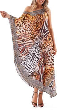 RANEES Crystal Embellished Animal Print One-Shoulder Dress