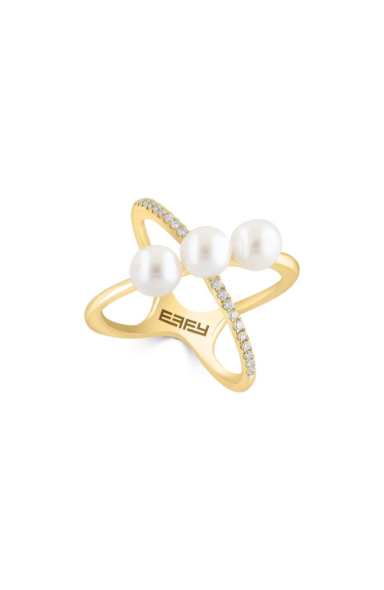 EFFY 14K Yellow Gold Diamond & Freshwater Pearl Crossover Ring - Size 7 - 0.19 ctw, Main, color, 