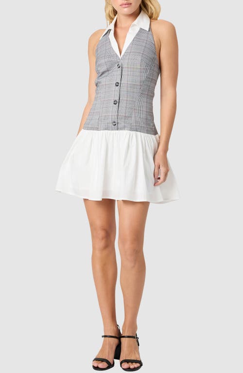 All in Favor Contrast Collar Mixed Media Minidress in Grey Black Plaid 