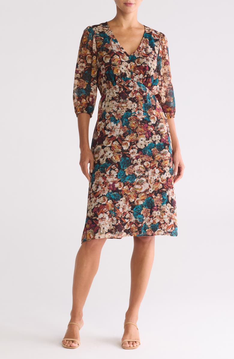 Connected Apparel Floral Empire Waist Midi Dress, Main, color, Mallard