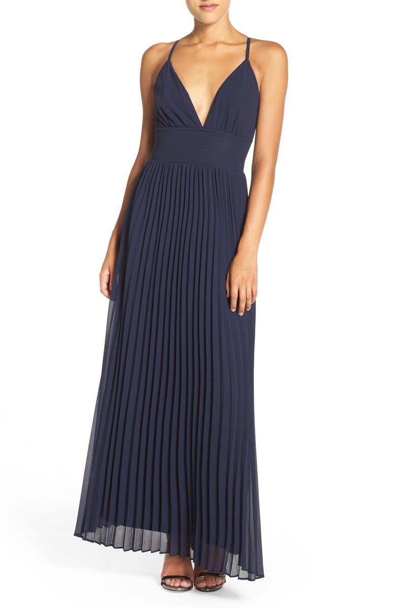 Lulus Plunging V-Neck Pleat Georgette Gown, Main, color,