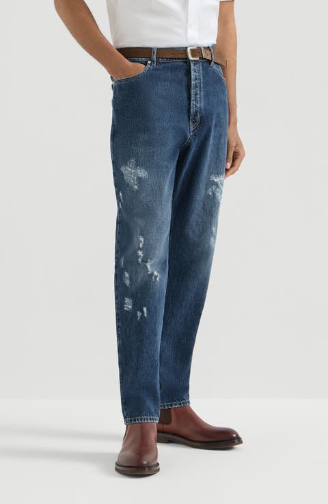 Denim iconic fit five-pocket trousers with rips
