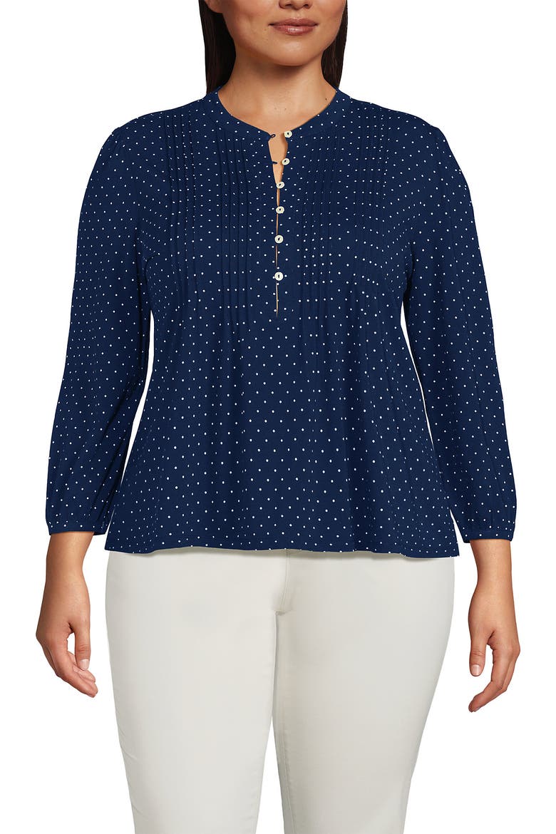 Plus Size Lightweight Jersey Button Pintuck Top, Main, color, Deep Sea Navy Pin Dot